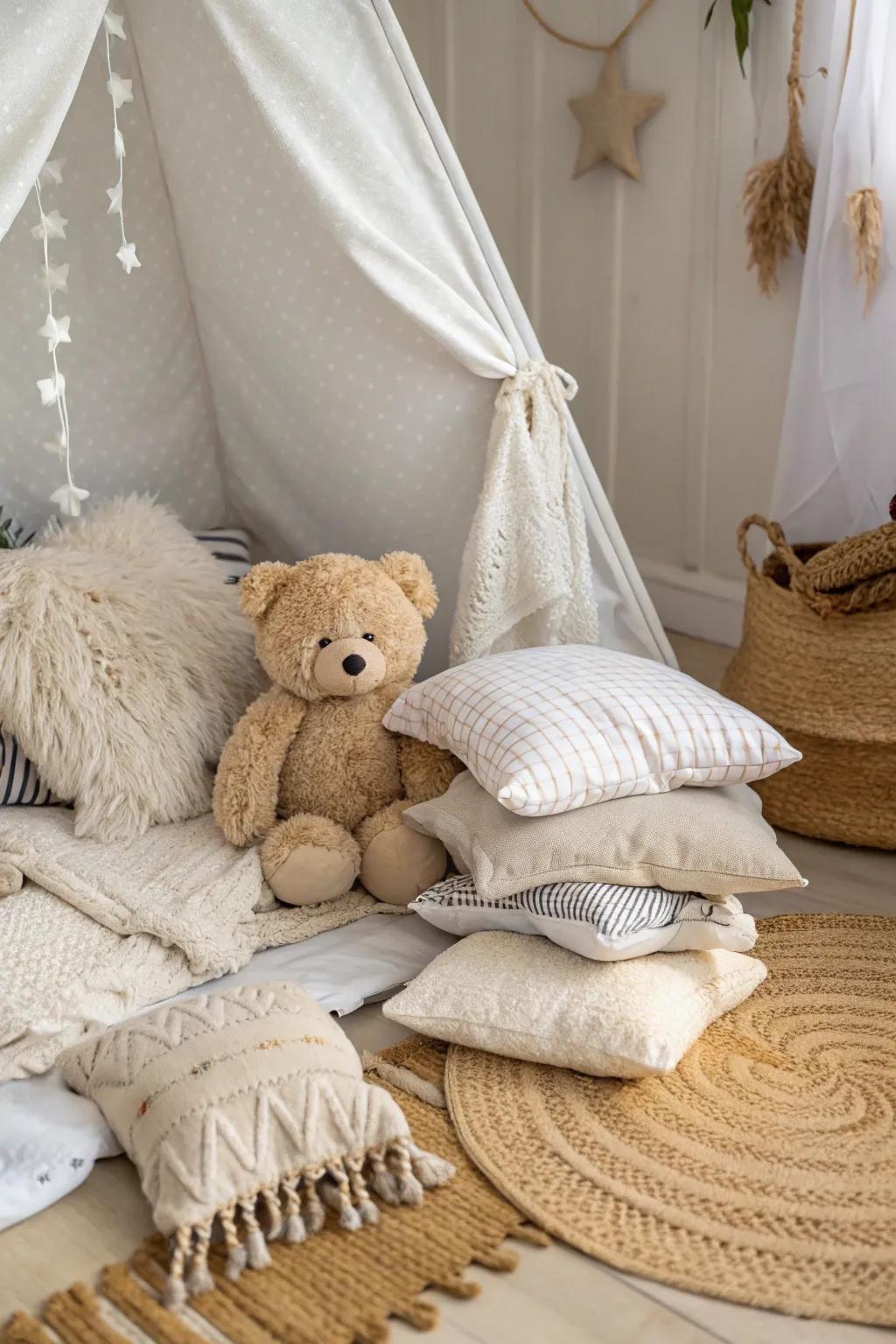 Create a whimsical retreat with a plush companion in your blanket fort.