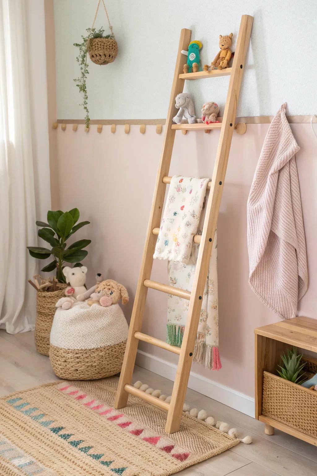 Elevate your child's room organization with a charming and practical wooden ladder display.