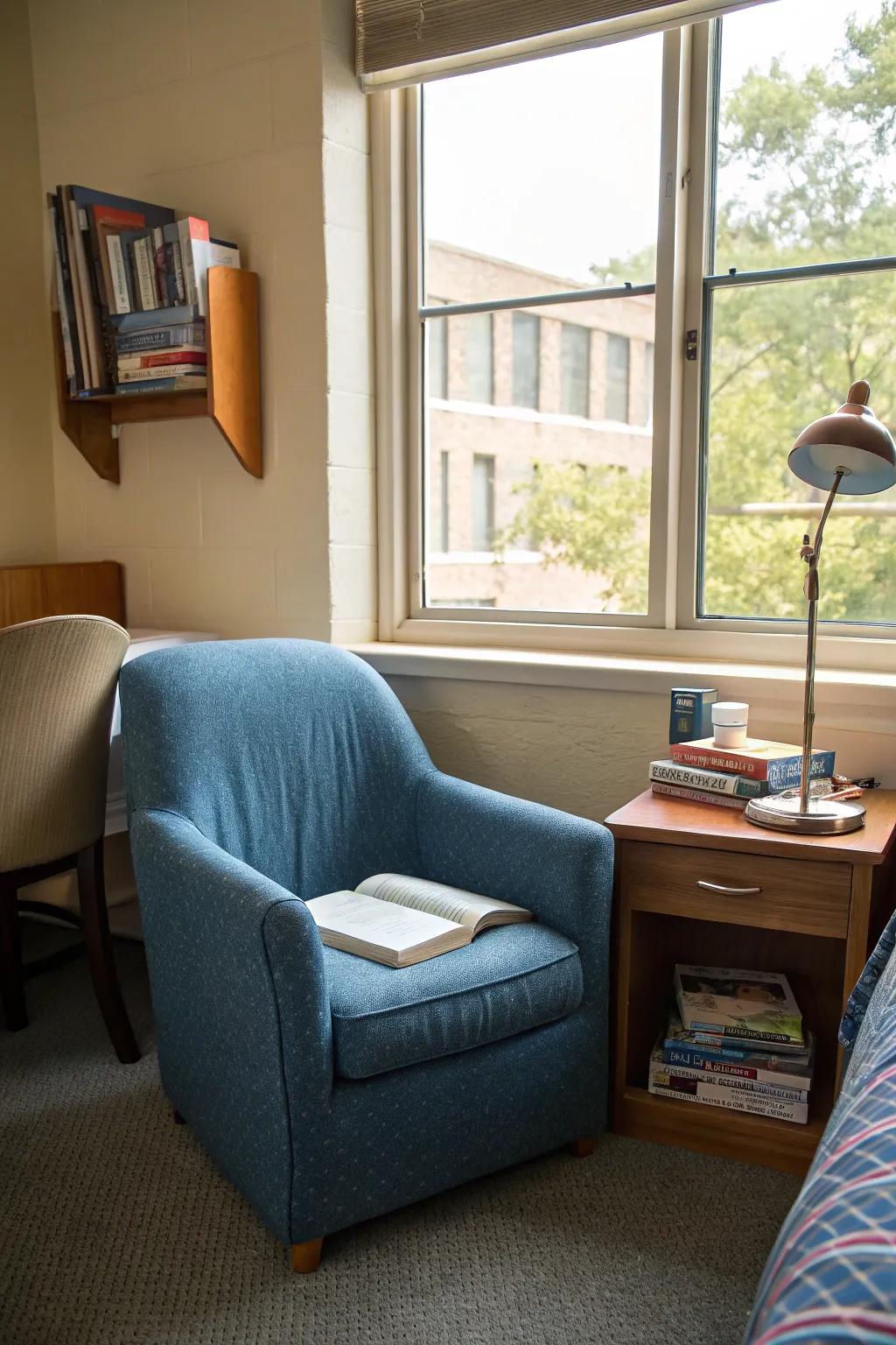 A blue upholstered chair creates a cozy reading nook.