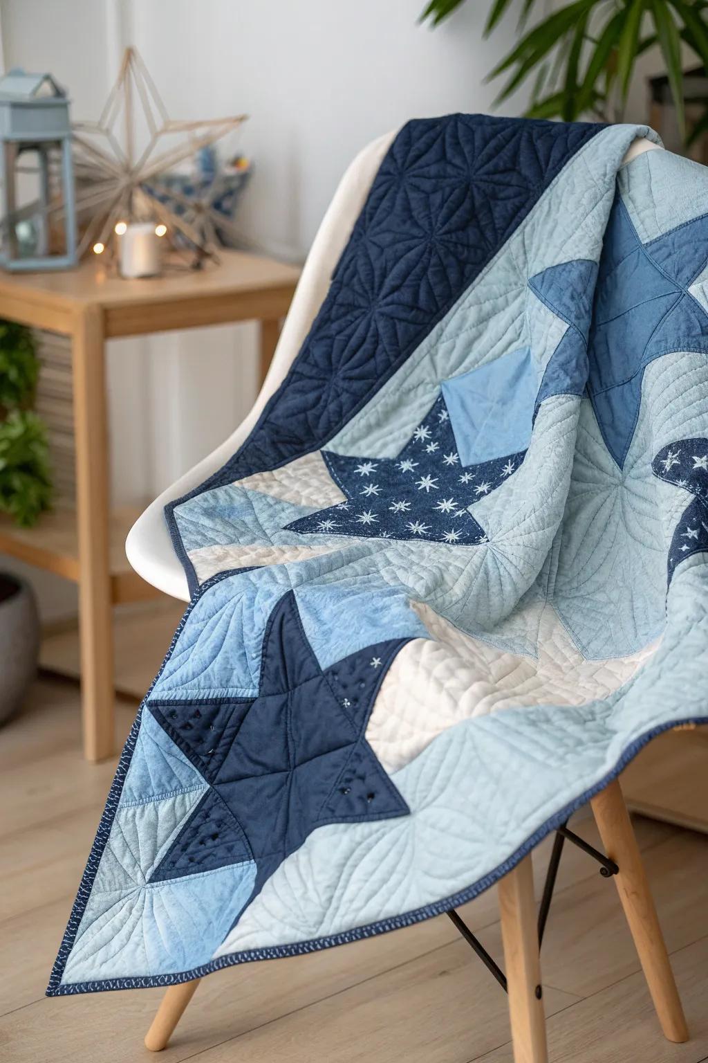 Bring the night sky indoors with this dreamy starry night quilt in calming blues.