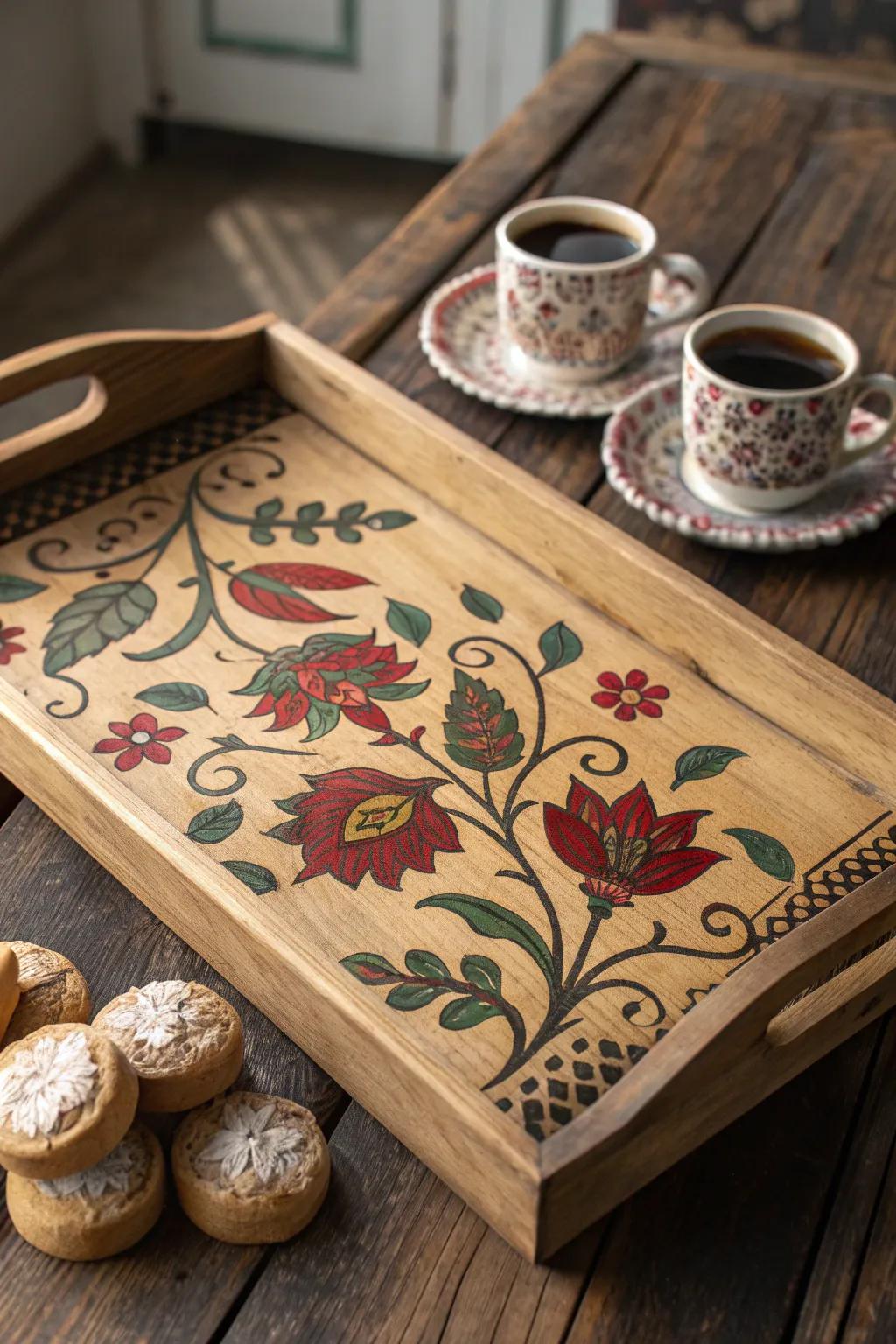 Serve elegance: A handcrafted floral tray that blends functionality with artistic flair.