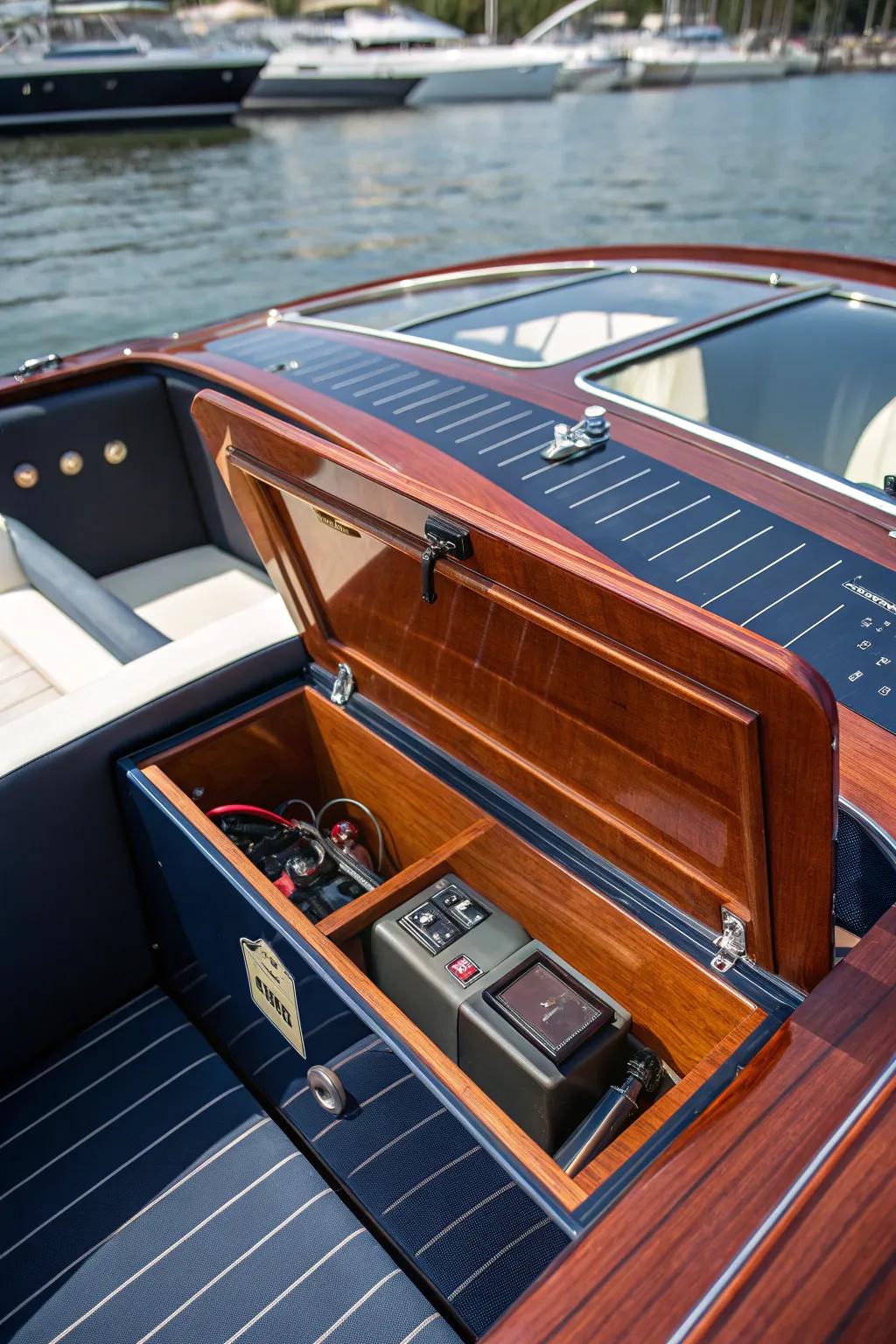 Discover the elegance of hidden functionality with this expertly crafted boat battery compartment.