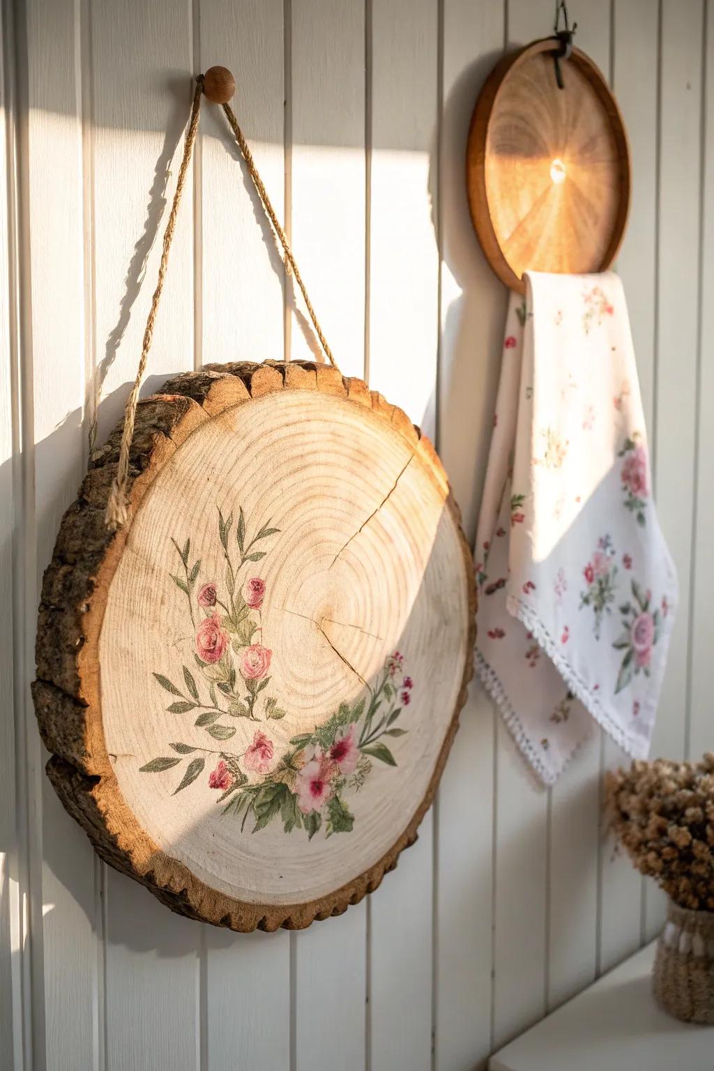 Elevate your space with the simple beauty of hanging wood slice art. A perfect blend of rustic charm and bohemian elegance.