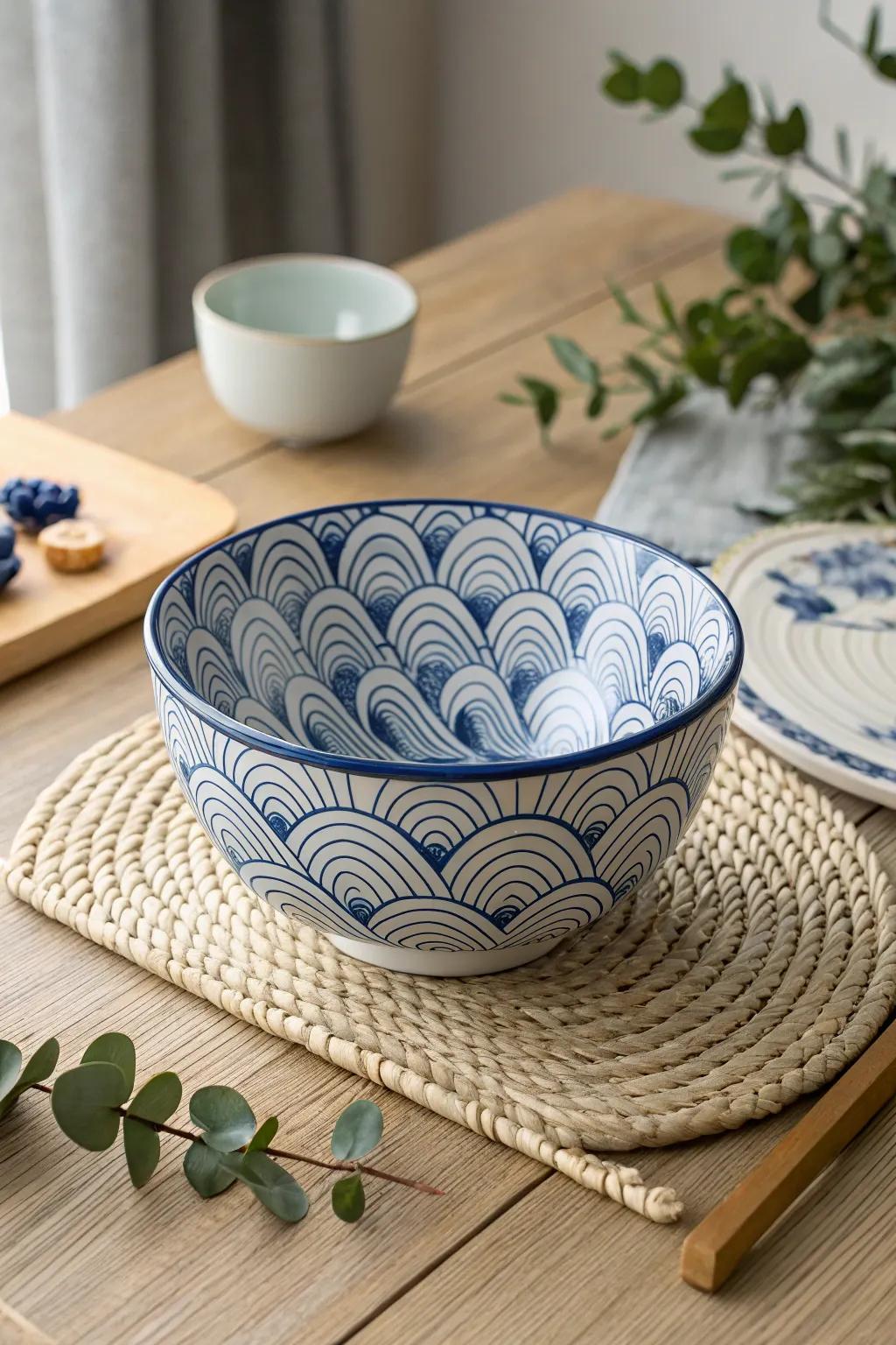 Embrace tranquility with Japanese wave patterns in timeless blue and white.