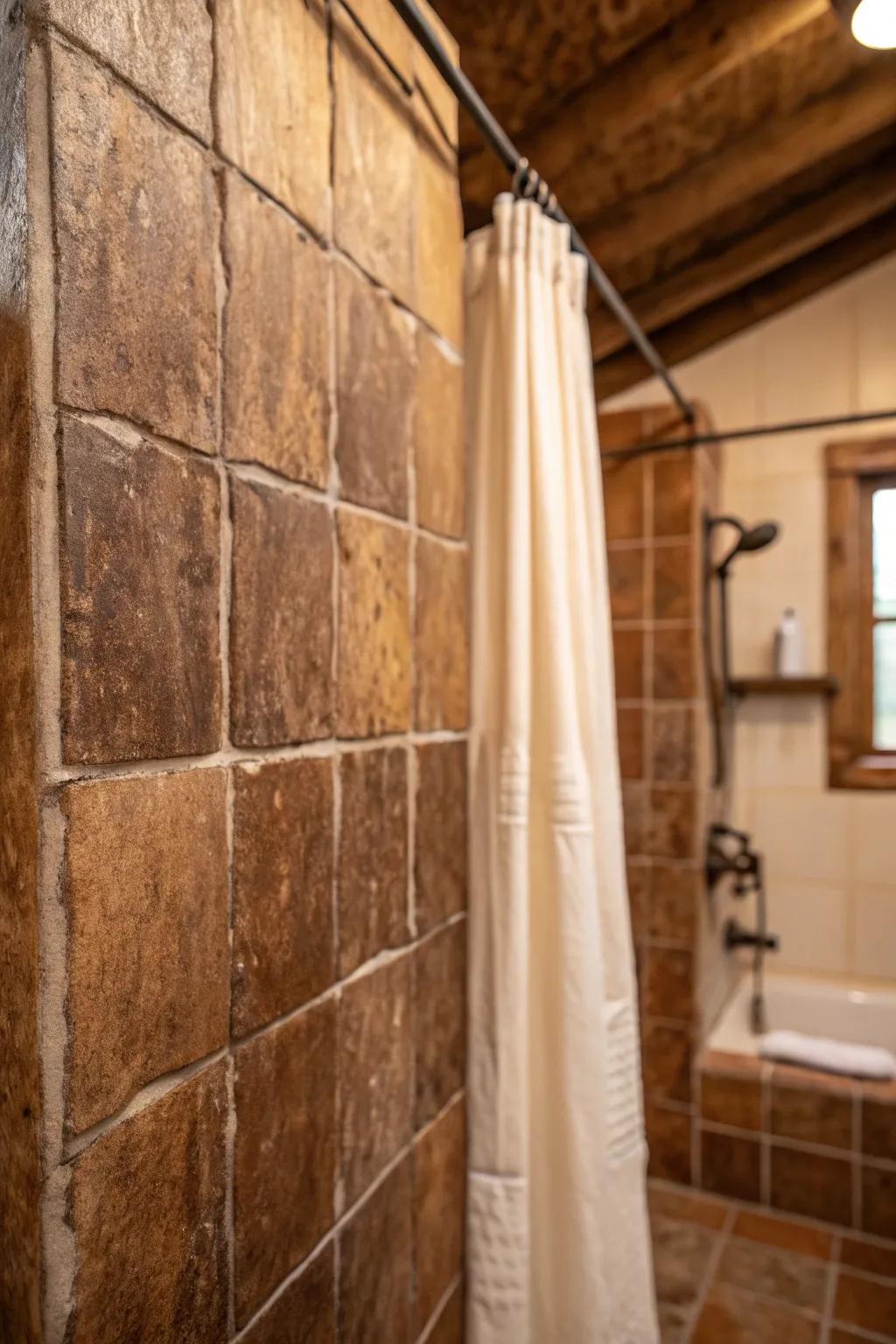A weathered look adds rustic charm and character to brown tile showers.