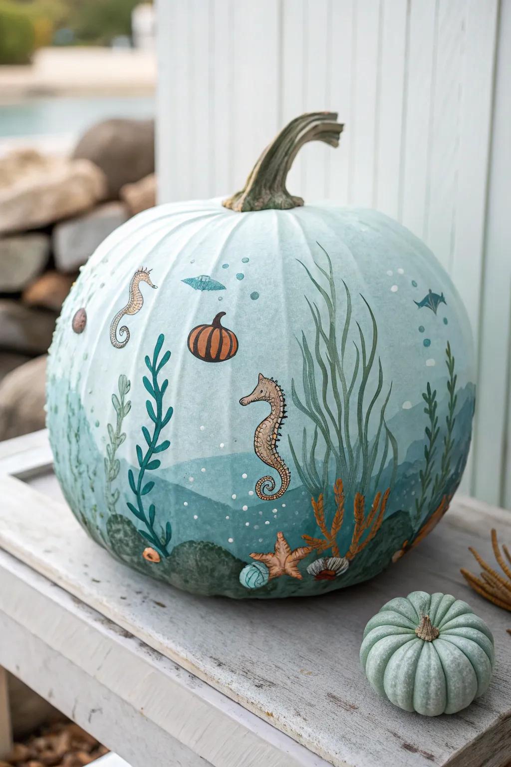 Dive into creativity with this ocean-inspired pumpkin masterpiece, where each bump tells a story of the sea.