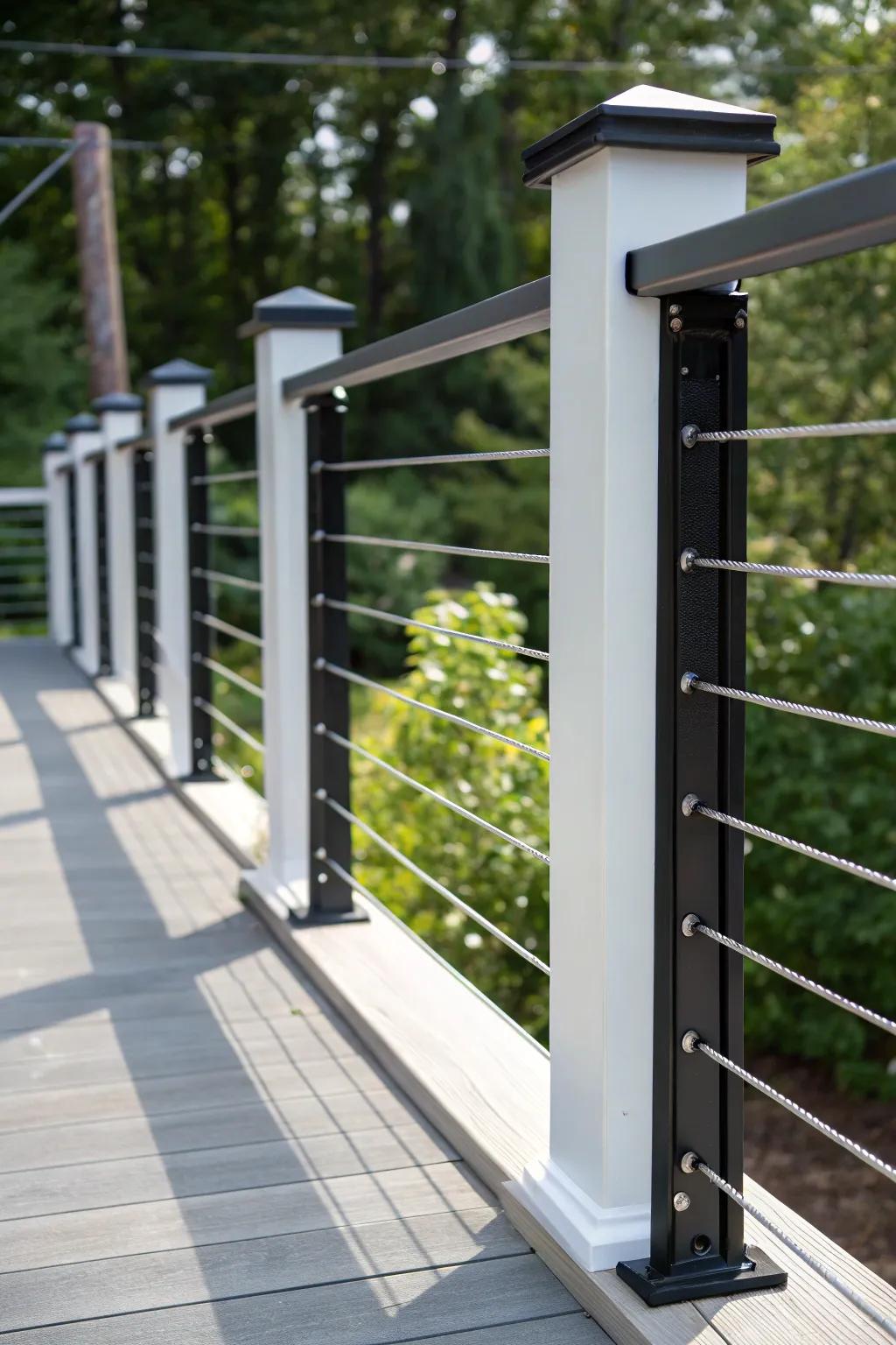Transform your outdoor space with striking black and white cable railing contrasts, where craftsmanship meets bold design.
