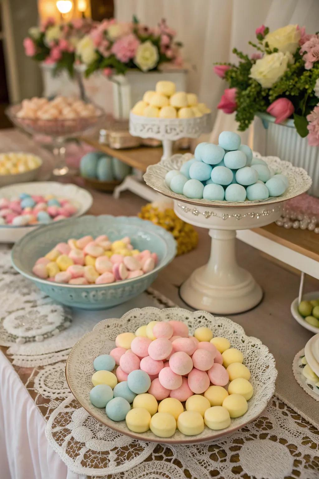 Vintage dishes bring charm to the candy bar.