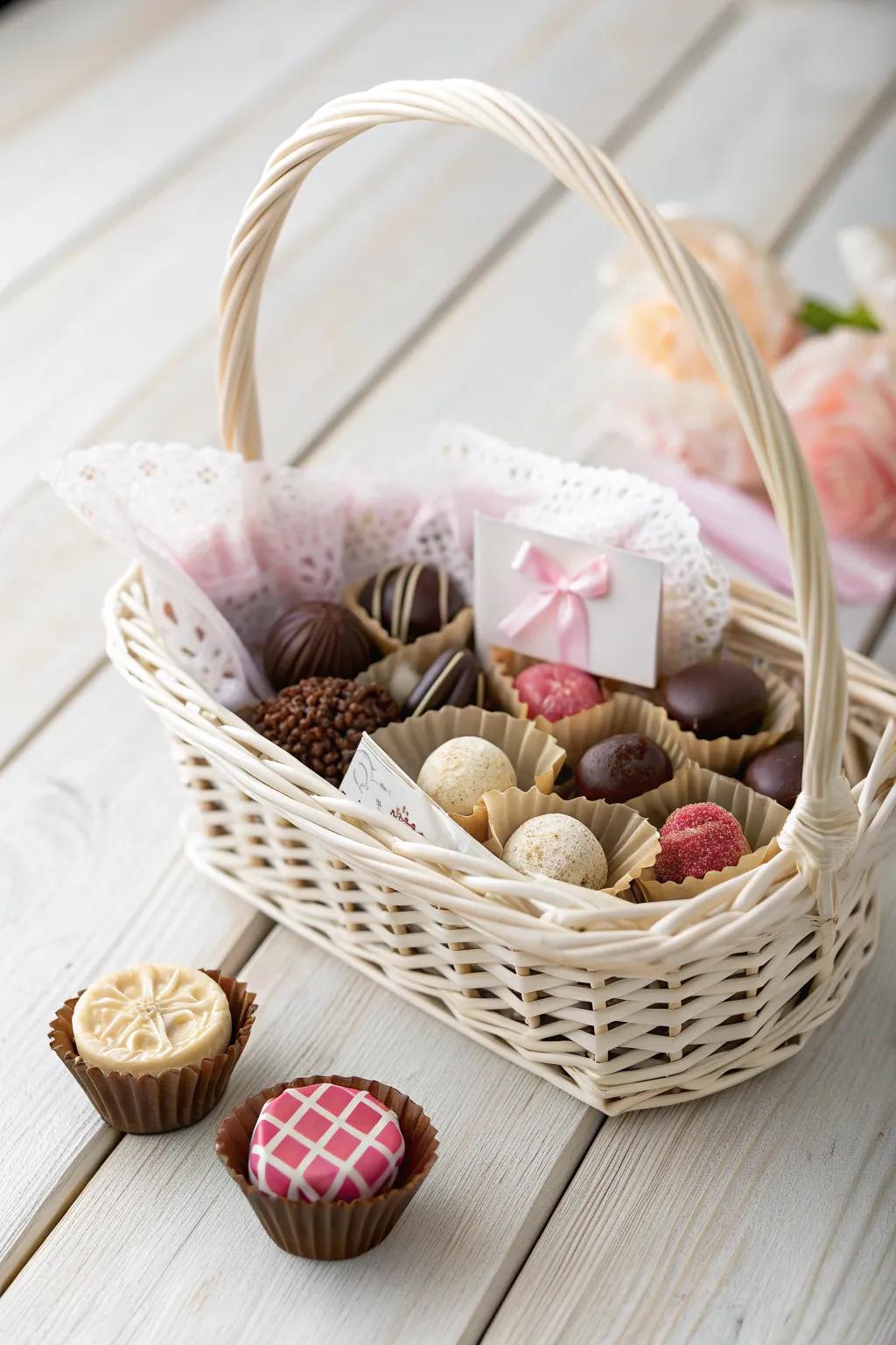 Indulge in a touch of luxury with this gourmet candy basket, where simplicity meets elegance.