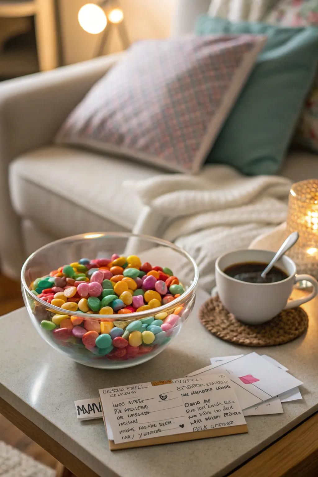 Hidden messages add a personal and surprising element to candy bowls.