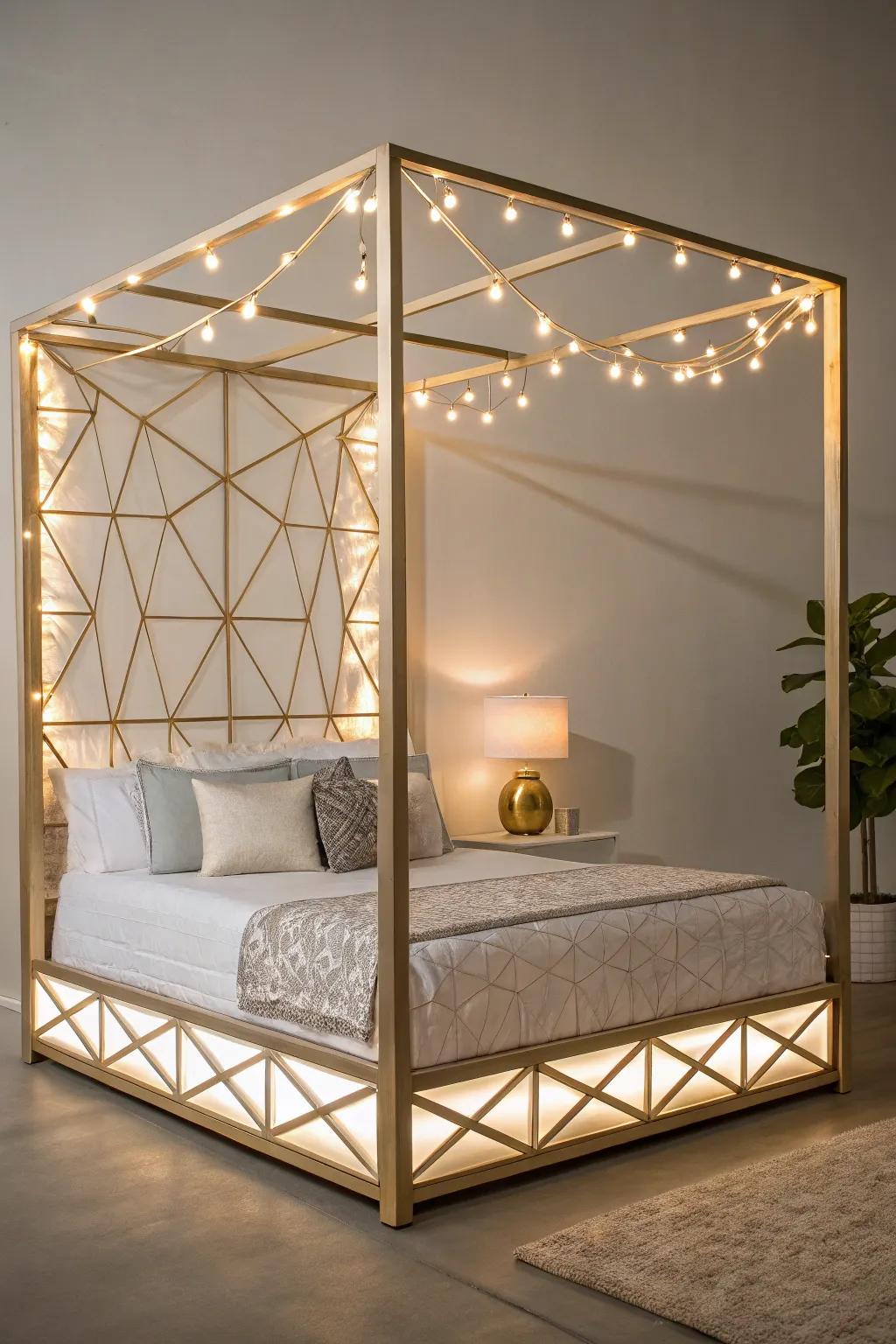 Geometric frames and light accents create a modern and striking canopy bed.