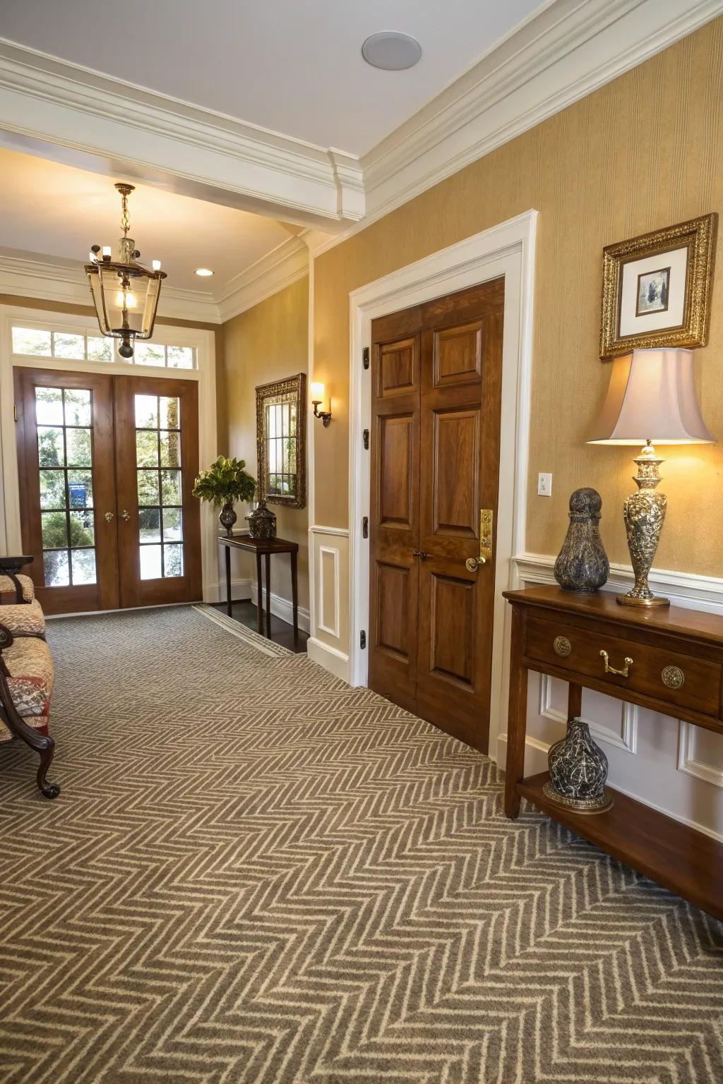 An entryway exuding elegance with a herringbone carpet.