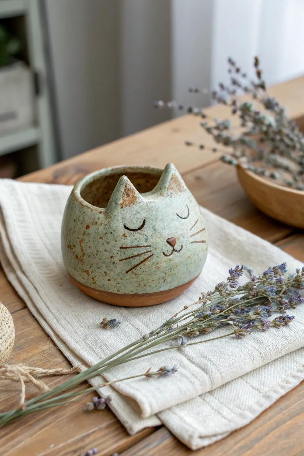 Embrace rustic charm with this handcrafted cat pinch pot, a perfect blend of simplicity and natural beauty.