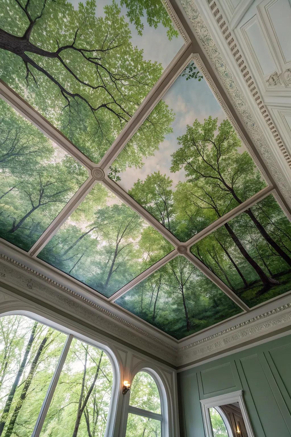 Transform your space into a tranquil forest retreat with this exquisite ceiling tile design.