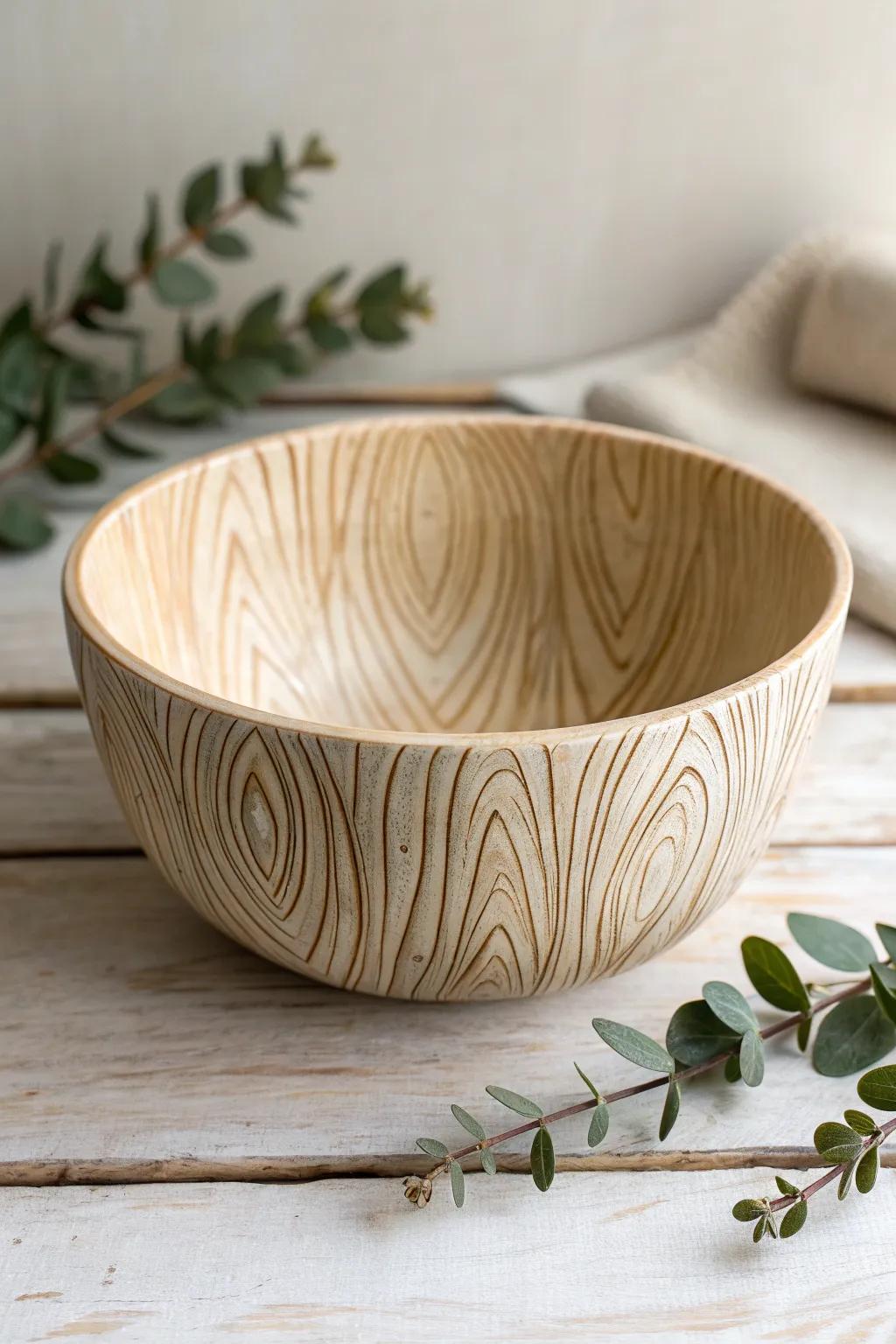 Embrace nature's charm with this faux woodgrain ceramic bowl, perfect for a rustic yet refined touch.