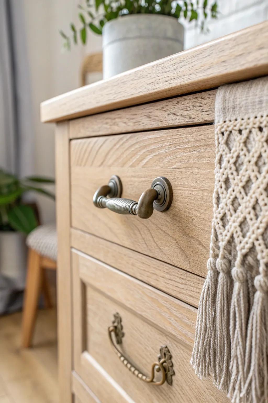 Transform your space with the subtle elegance of chalk-painted drawer handles.