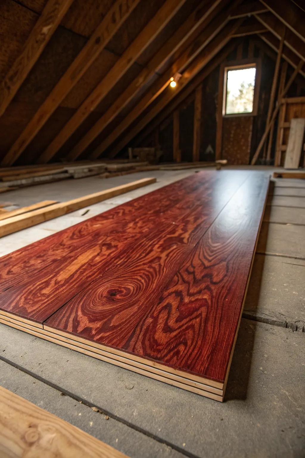 Elevate your attic with the timeless allure of stained plywood – luxury on a budget.