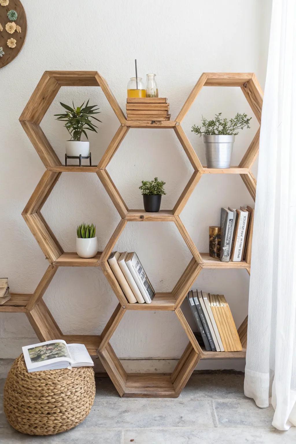 Elevate your space with this DIY hexagonal honeycomb bookshelf – where simplicity meets craftsmanship.