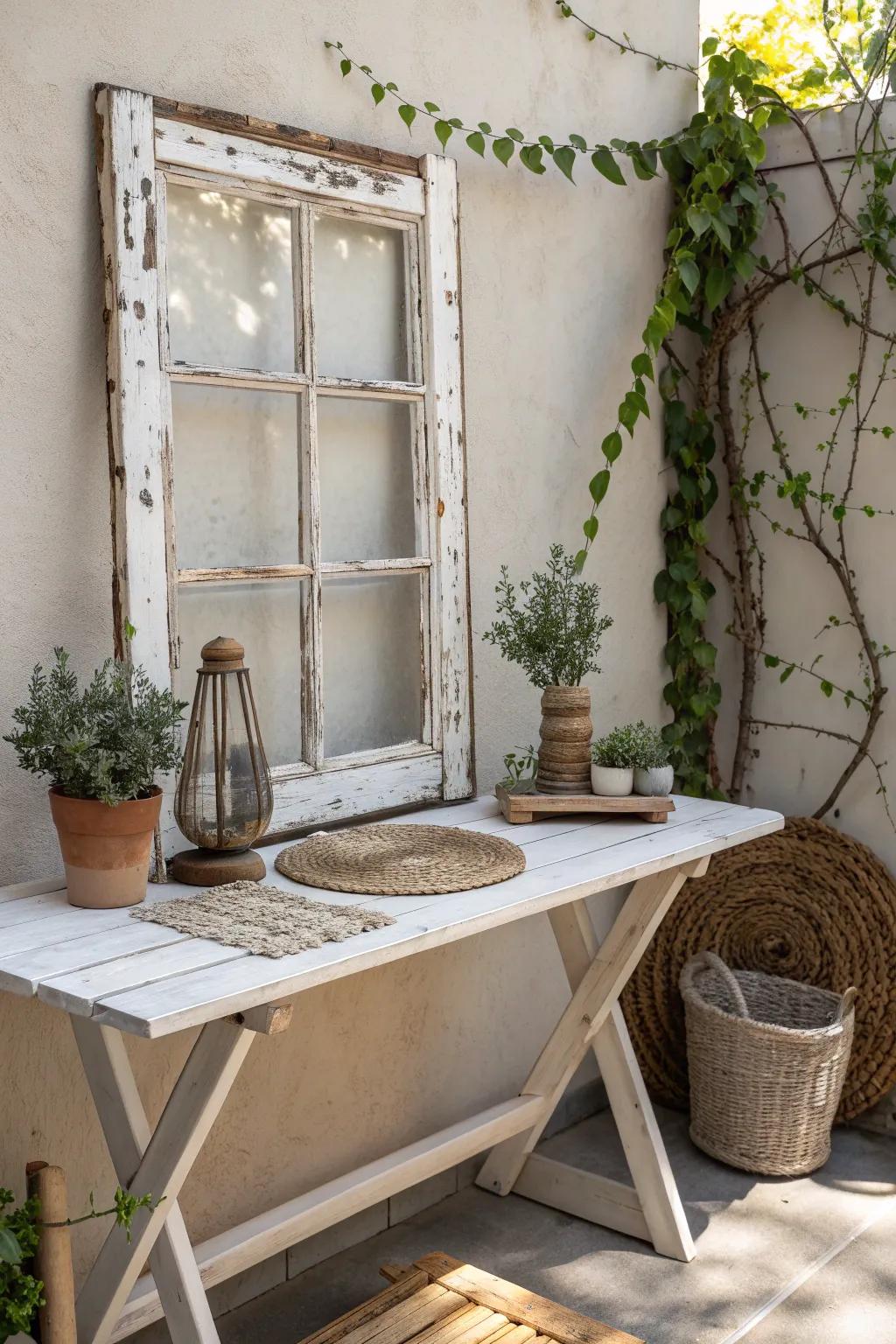 Transform a vintage window into a charming table top with rustic elegance.