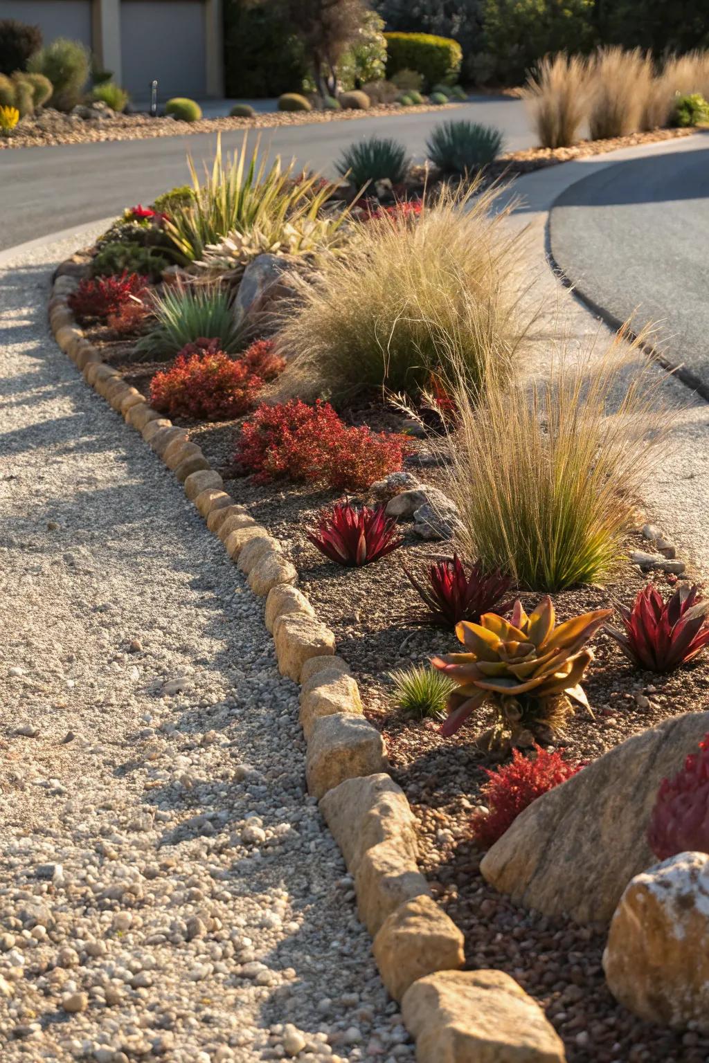 Enhance your driveway with a stunning low-water border that merges beauty and sustainability.