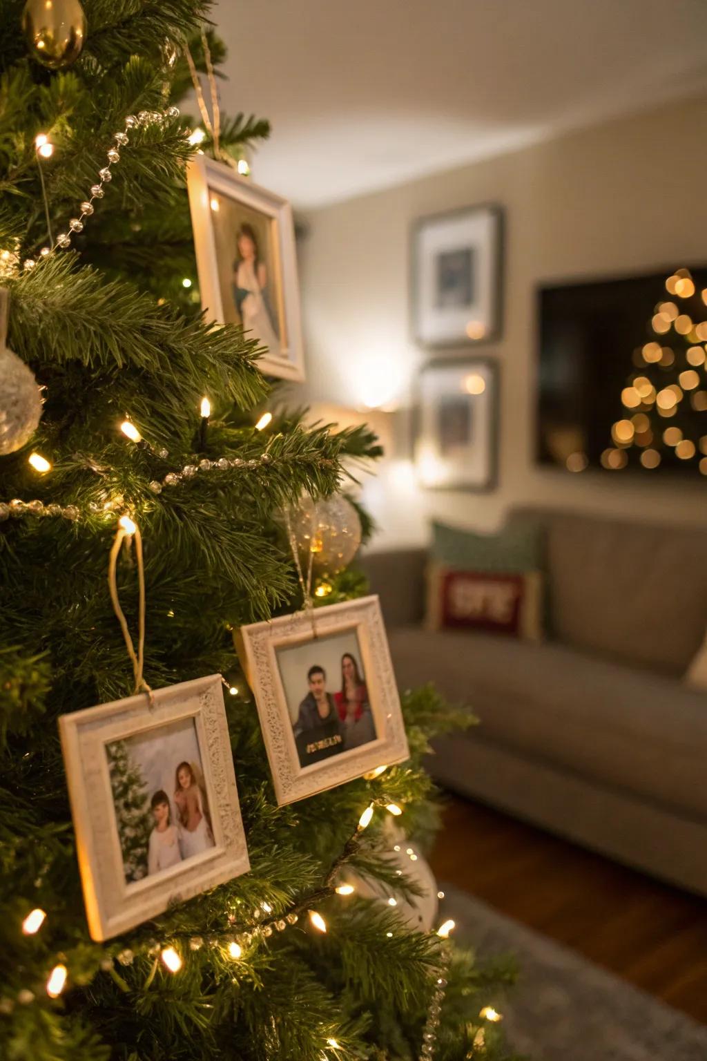 Heartfelt photo ornaments adding personal touch to the tree.
