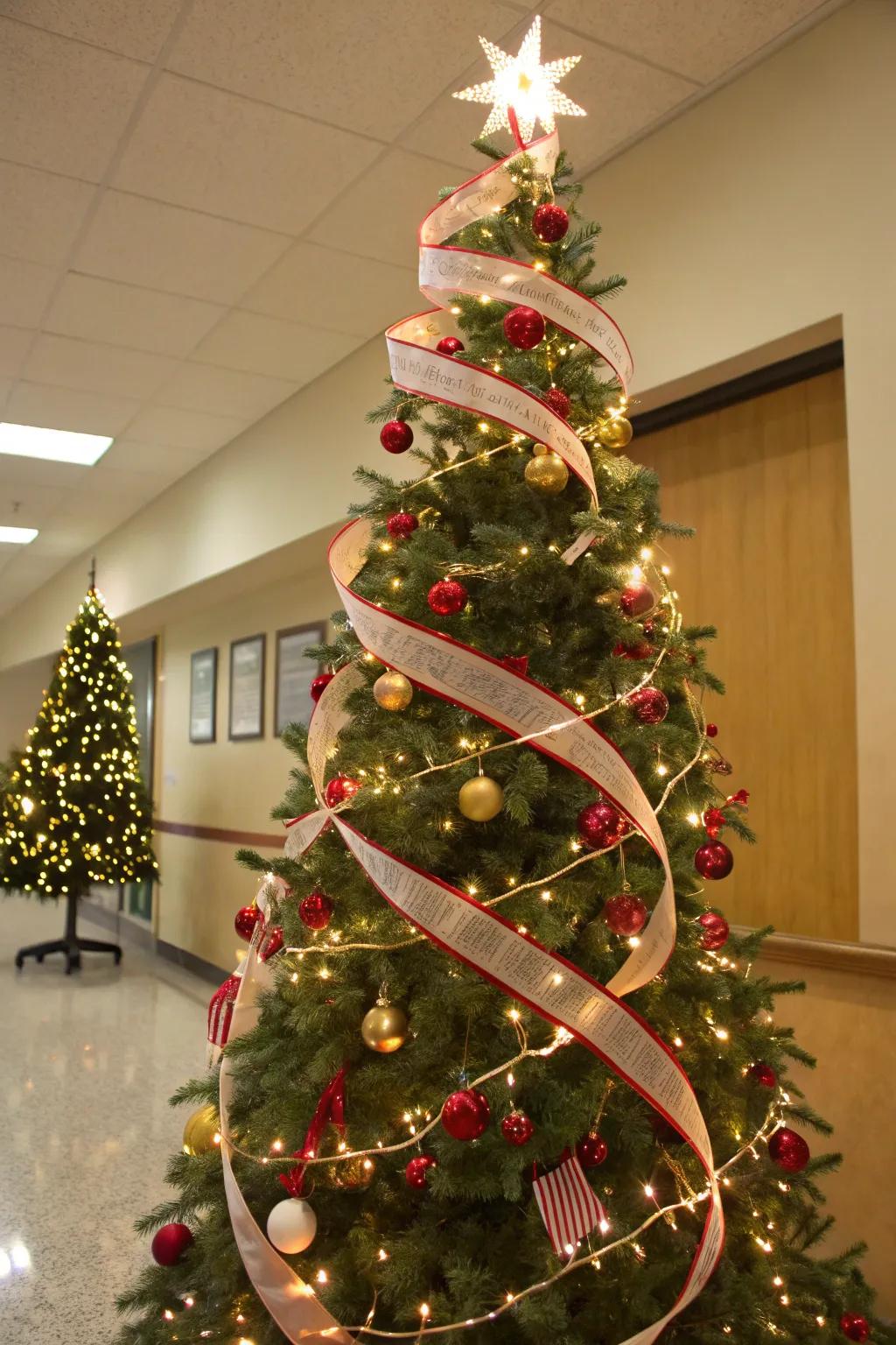Spiral ribbons add whimsy and movement to the Christmas tree.
