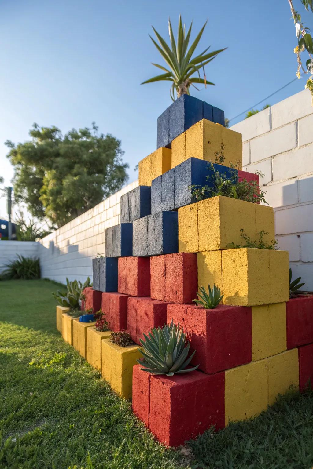 Transform your patio with vibrant cinder block planter sculptures that showcase your artistic flair.