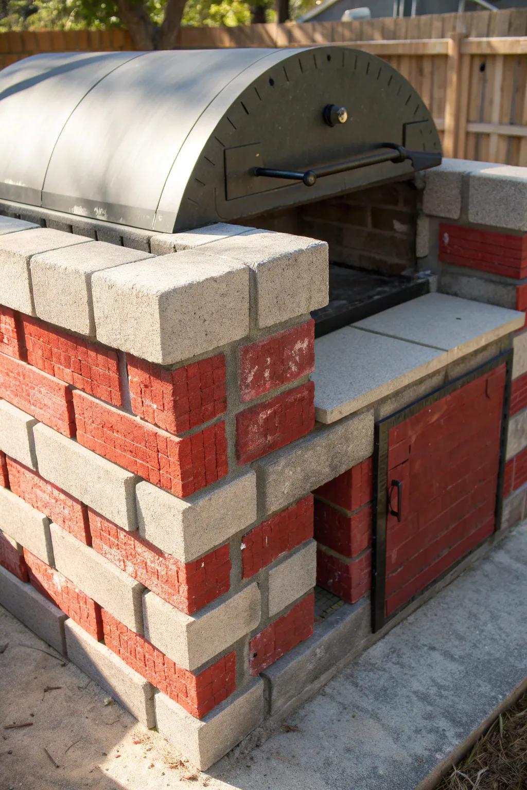 Elevate your outdoor cooking space with a stunning blend of cinder blocks and red bricks for a unique smoker design.