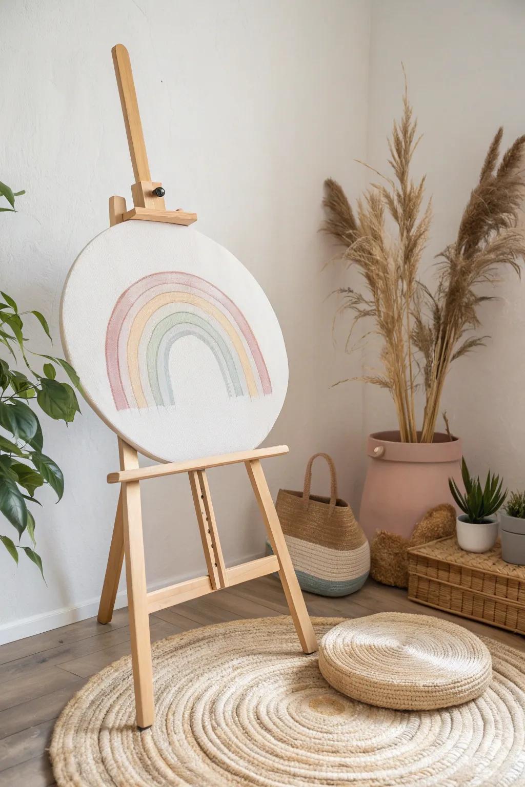 Embrace the serenity of Scandinavian minimalism with a touch of boho charm. Let the soft hues of a rainbow circle painting brighten your day.