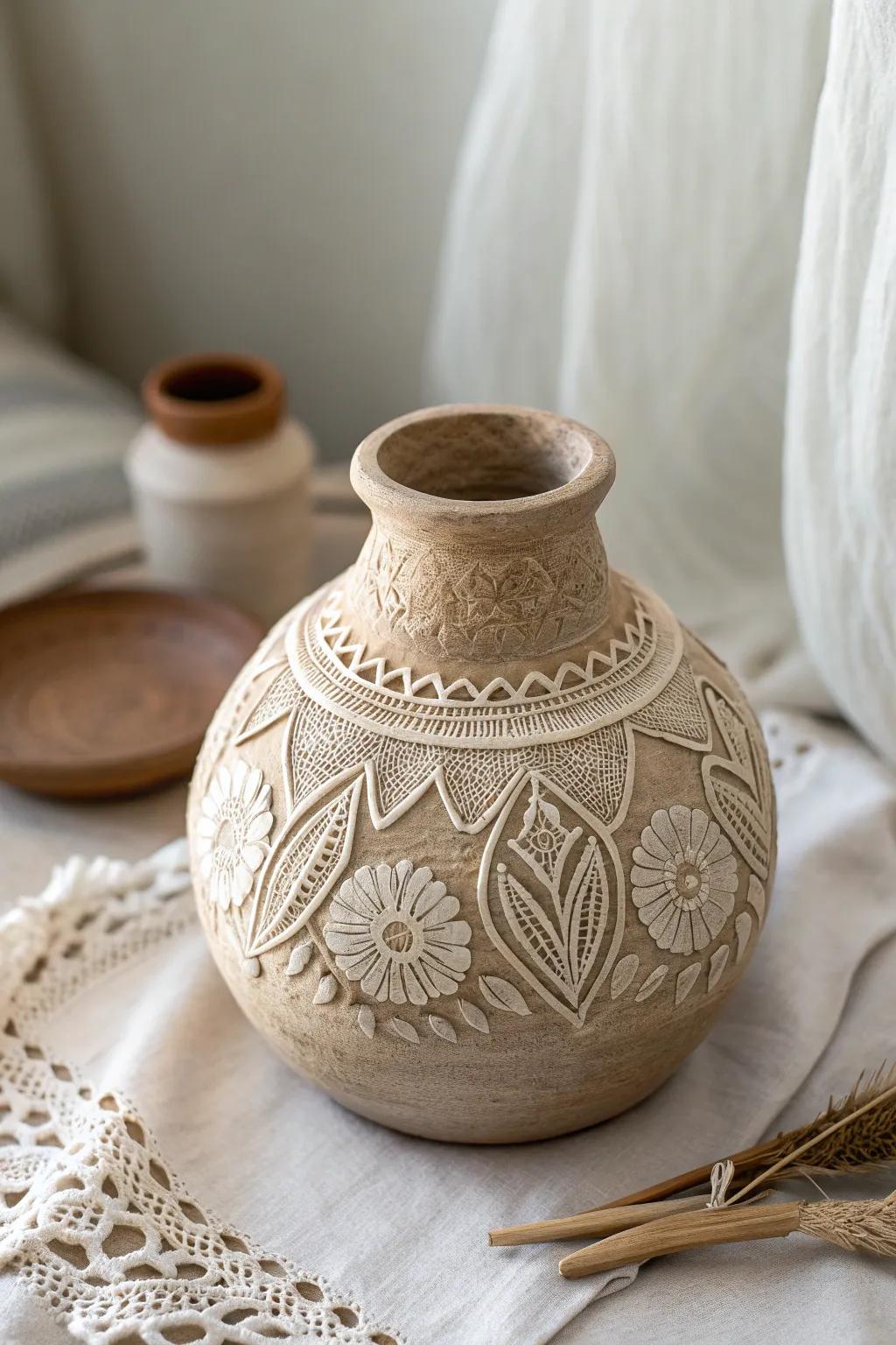Elevate your space with the timeless beauty of lace-imprinted clay. 🌿✨ #MinimalistElegance #HandcraftedBeauty