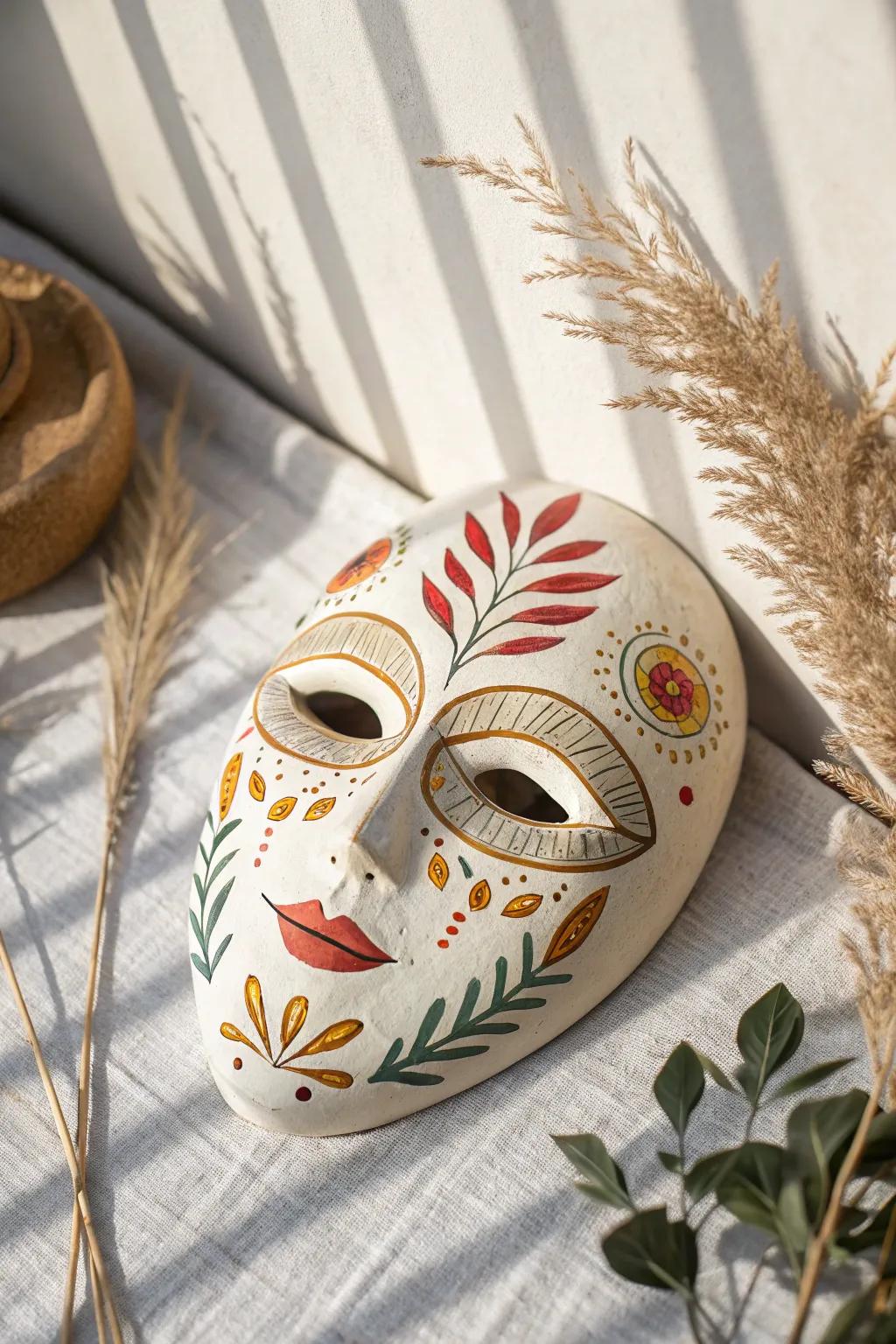 Unveil a whimsical tale with this charming folk art-inspired clay mask.
