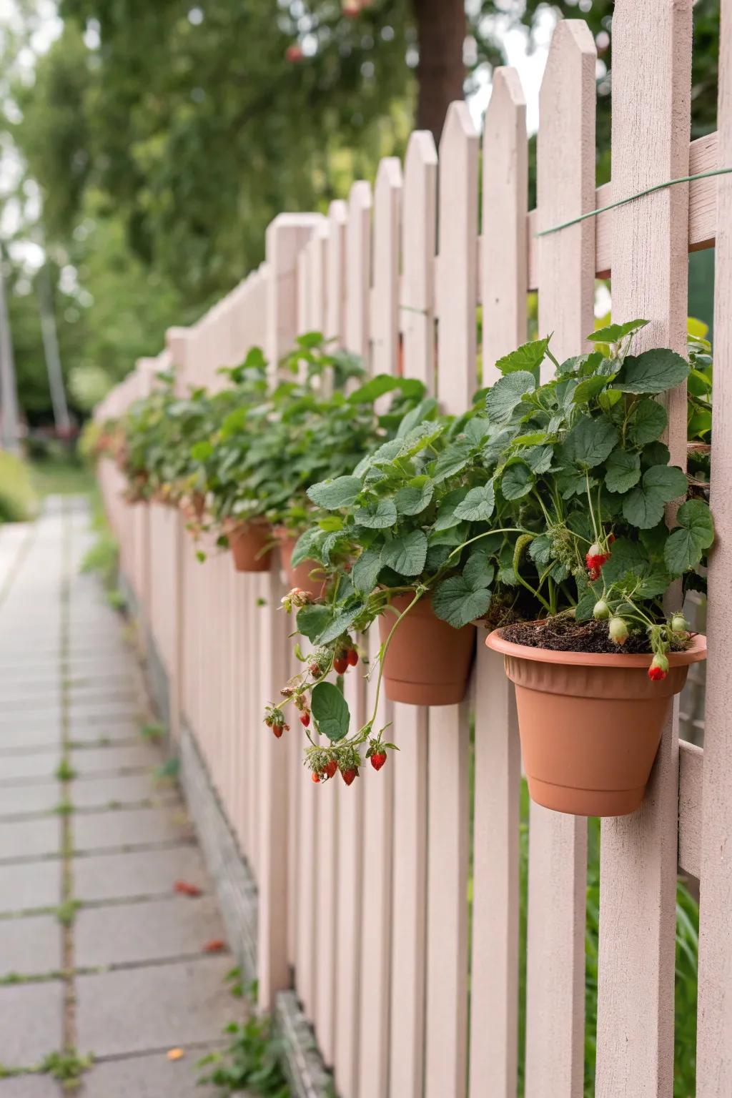 Transform your fence into a lush strawberry oasis with minimalist charm and natural beauty.