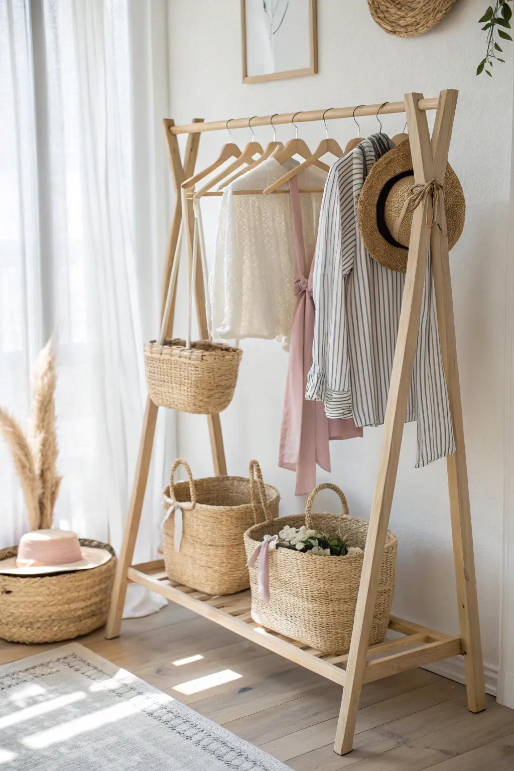 Add a touch of elegance to your storage with beautifully ribbon-adorned baskets on a minimalist clothing rack.