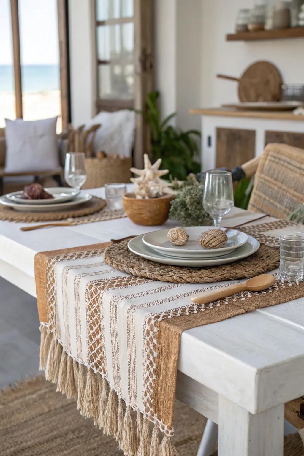 Textured table runner adds warmth to dining.
