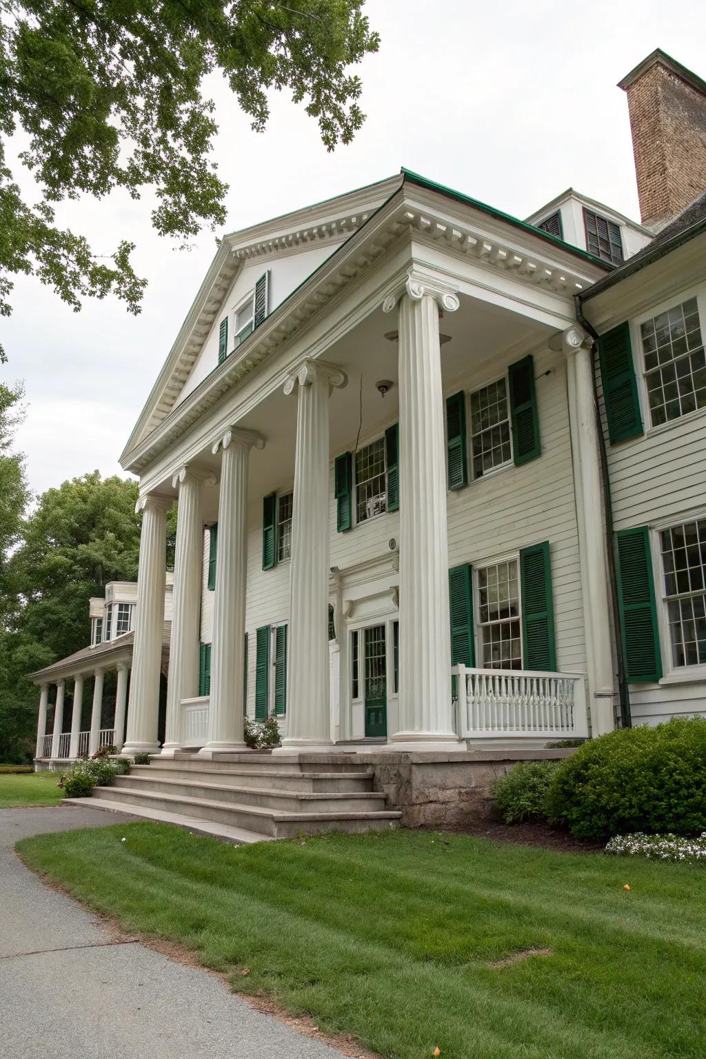 A grand portico provides shelter and an impressive focal point to colonial homes.