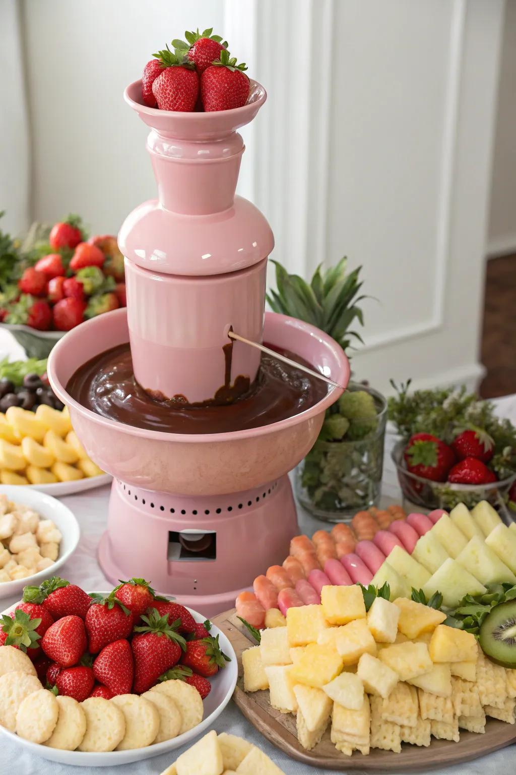 A luxurious pink chocolate fountain for a decadent experience.