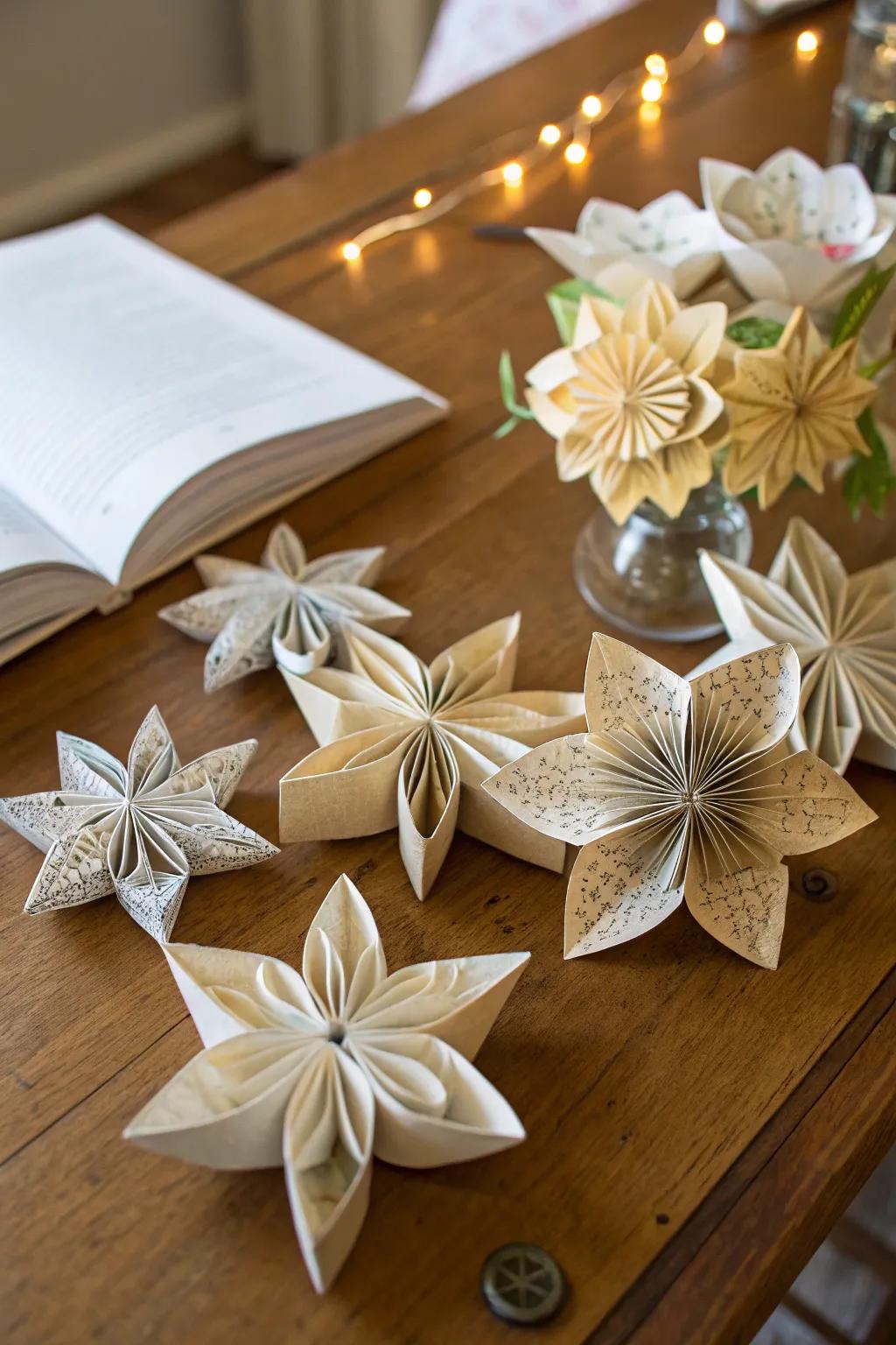 Whimsical origami decorations from book pages