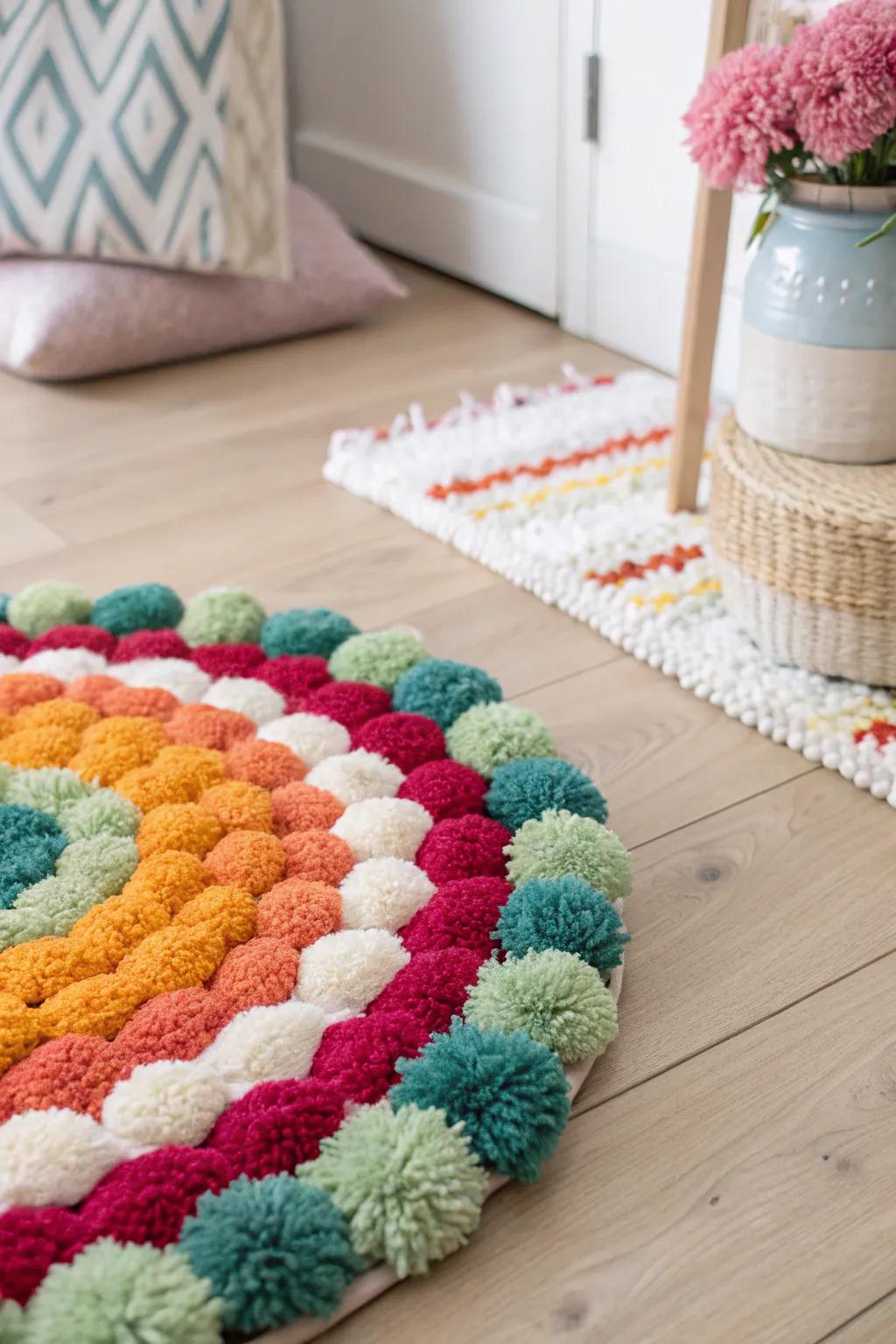 Add a touch of whimsy and warmth to your space with a handmade pom-pom rug—perfect for expressing your creativity.