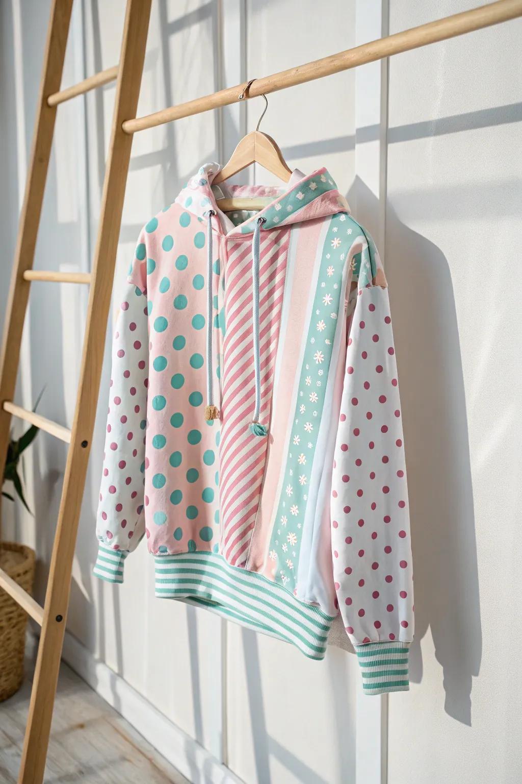 Embrace playful patterns with this creatively designed hoodie, where polka dots meet stripes in a Scandinavian-Boho fusion.
