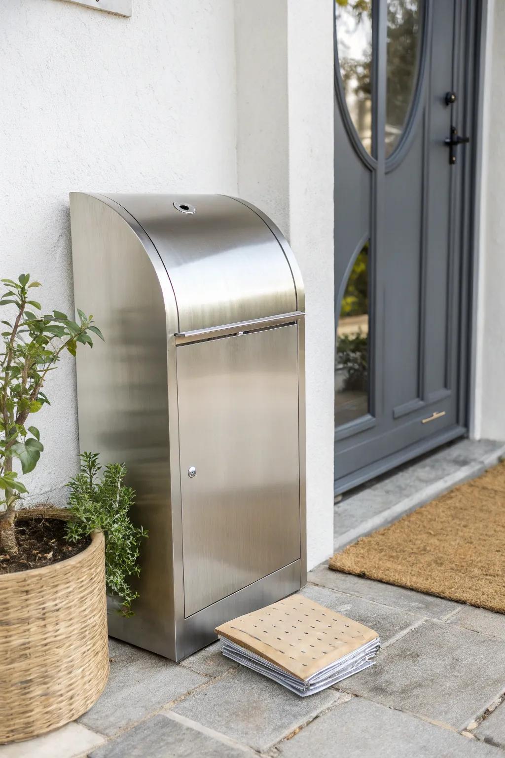 Elevate your curb appeal with this stunning metallic mailbox design, where modern elegance meets natural charm.