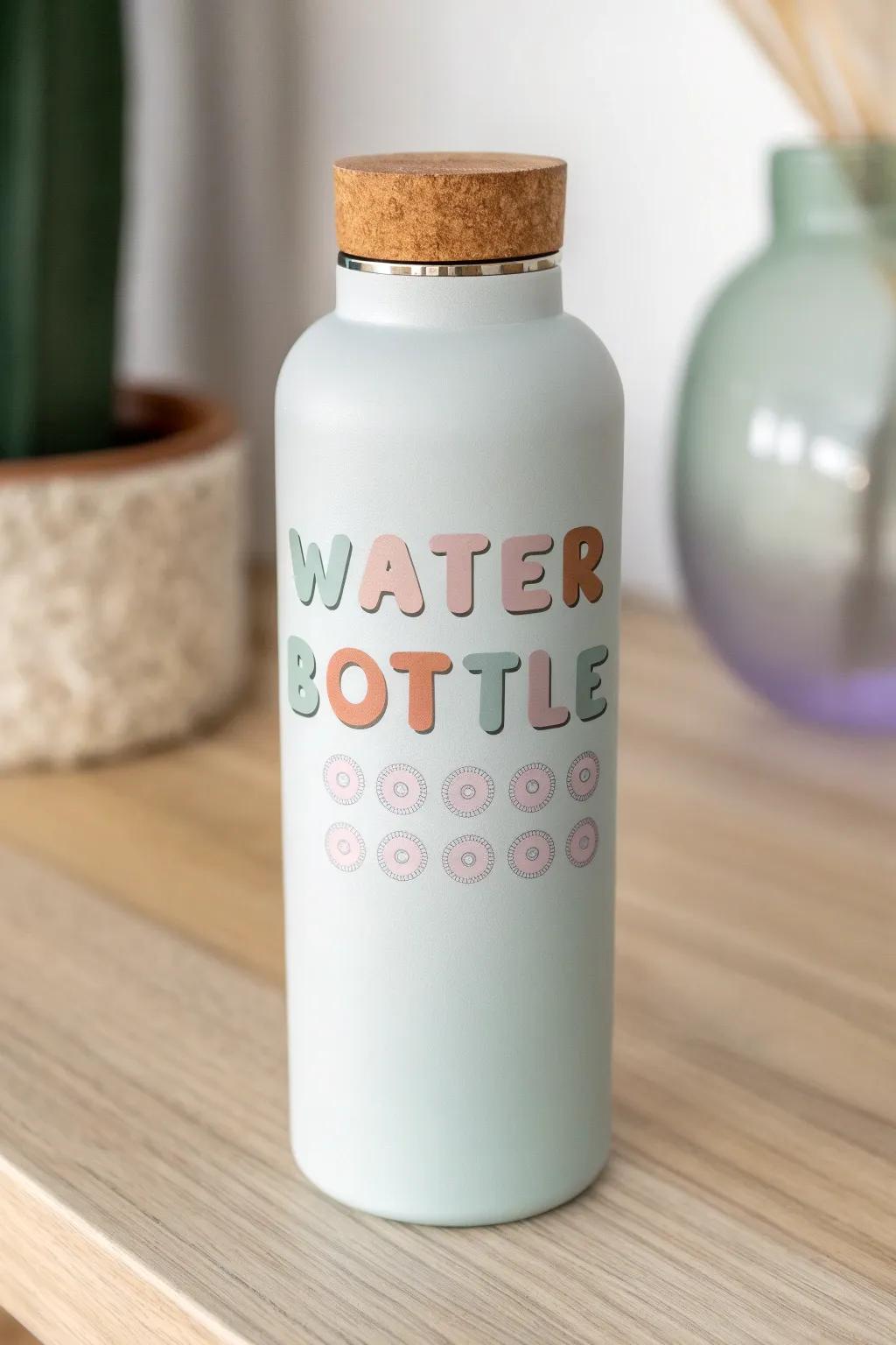 Add a splash of personality to your hydration with quirky fonts on a minimalist water bottle.