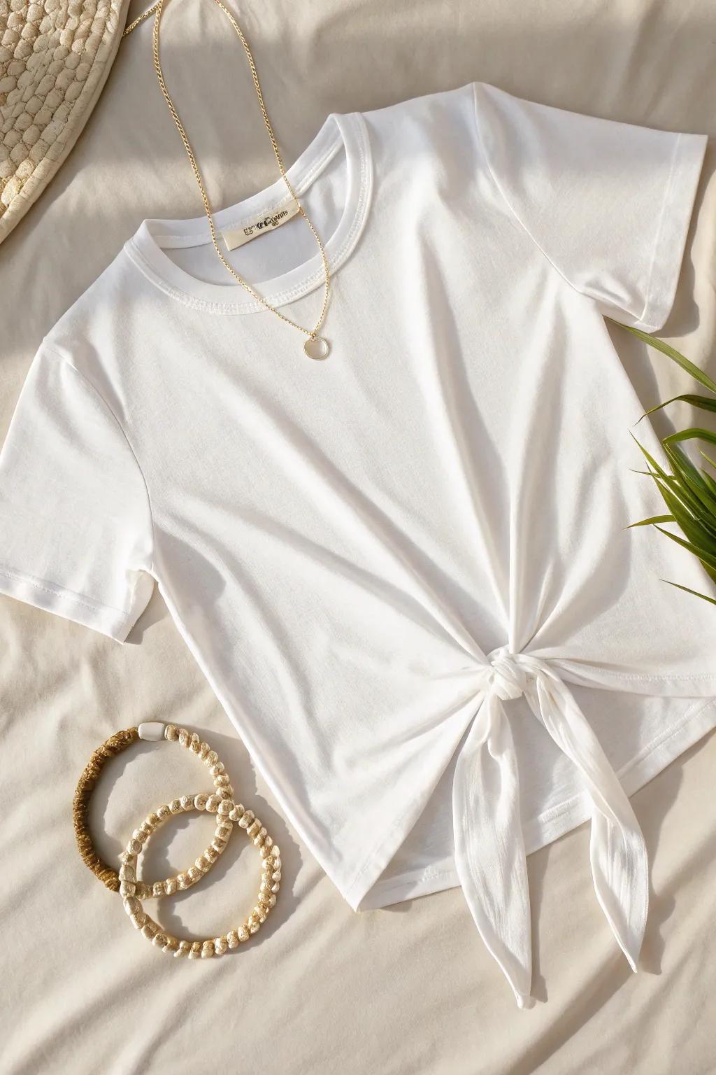 Elevate your style with a simple twist—discover the beauty in simplicity with this modern T-shirt tie-front design.