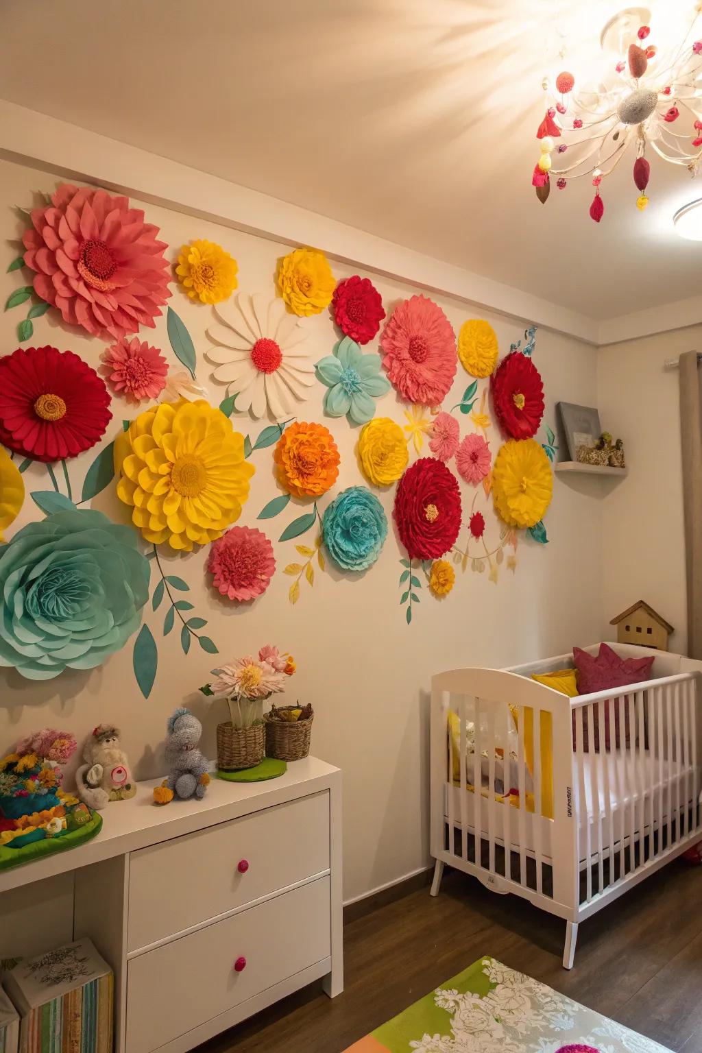 Spring blooms: A paper flower wall brings joy and color.
