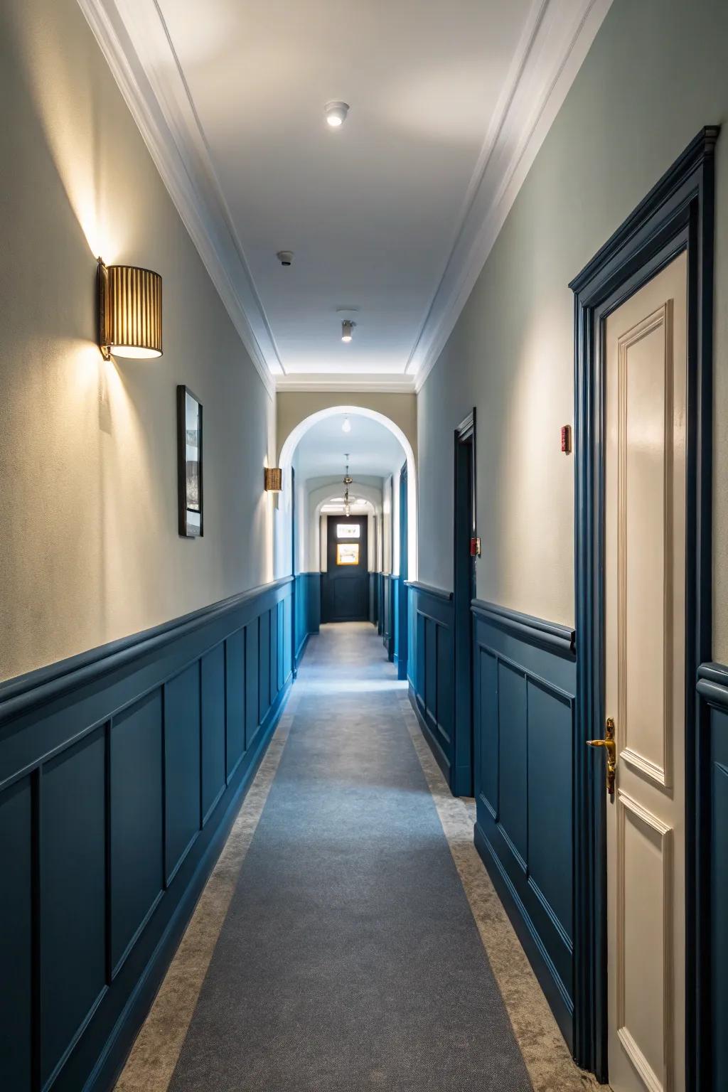 Two-tone walls introduce depth and contrast in a dark blue hallway.
