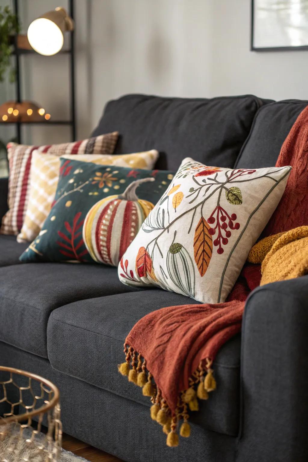 Seasonal accents provide a fresh look to the dark grey couch.