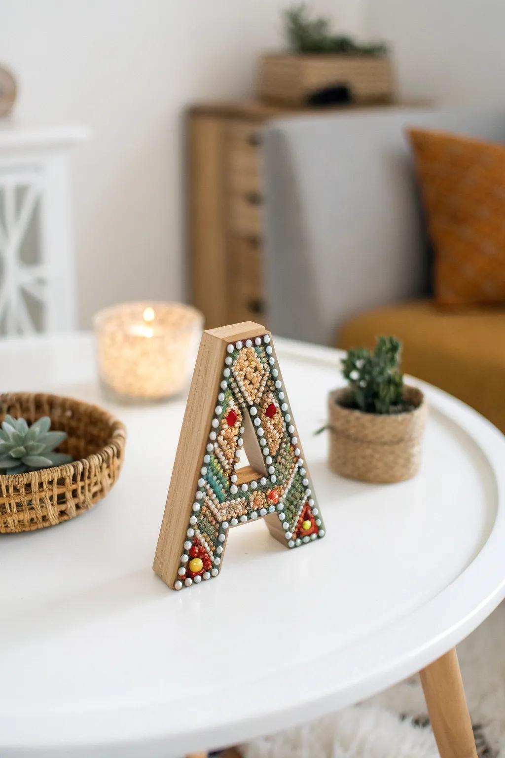 Transform your decor with the elegant charm of a beaded wooden letter. Perfect for adding a personal touch to any room.