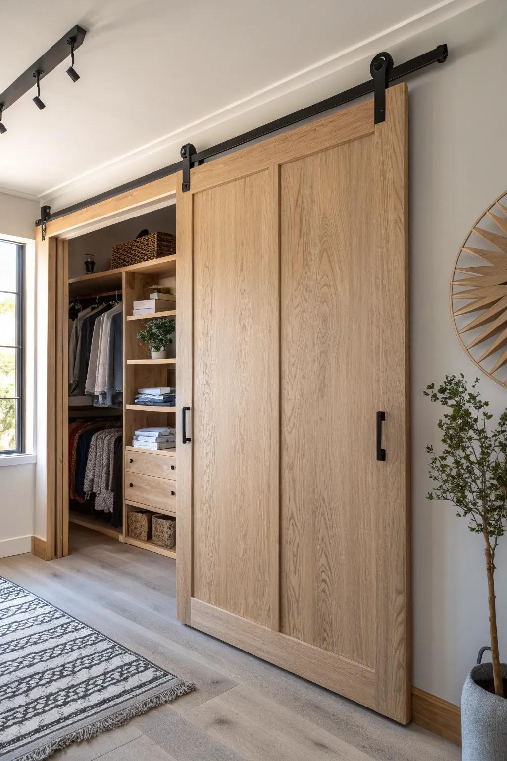 Elevate your wardrobe space with a sleek sliding door that blends simplicity and style.