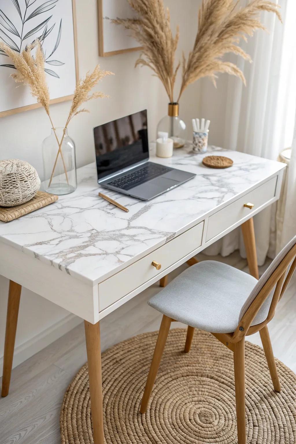 Transform your workspace with the elegance of a faux marble finish. Discover the beauty of simplicity and craftsmanship in every swirl. #MinimalistMagic #ScandiBoho