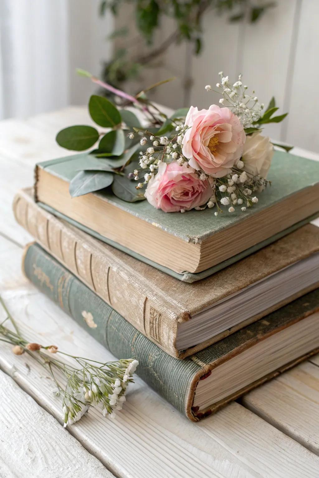 Add literary charm to your celebration with a vintage book stack centerpiece adorned with beautiful blooms.