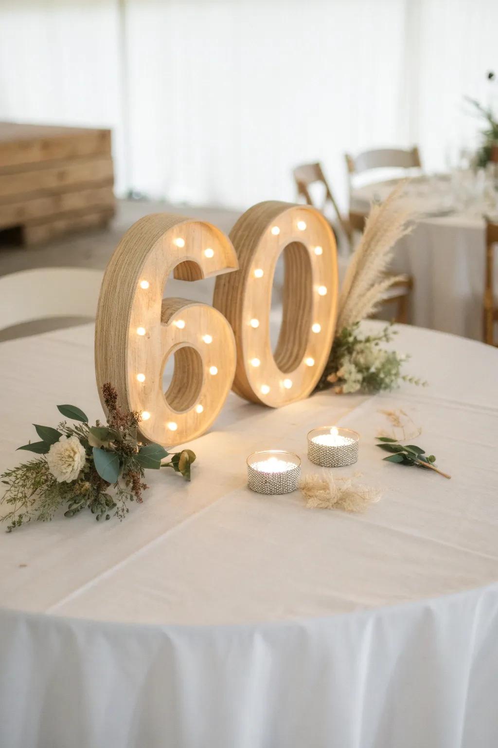 Illuminate the milestone with elegant light-up numbers for a stunning 60th birthday centerpiece.